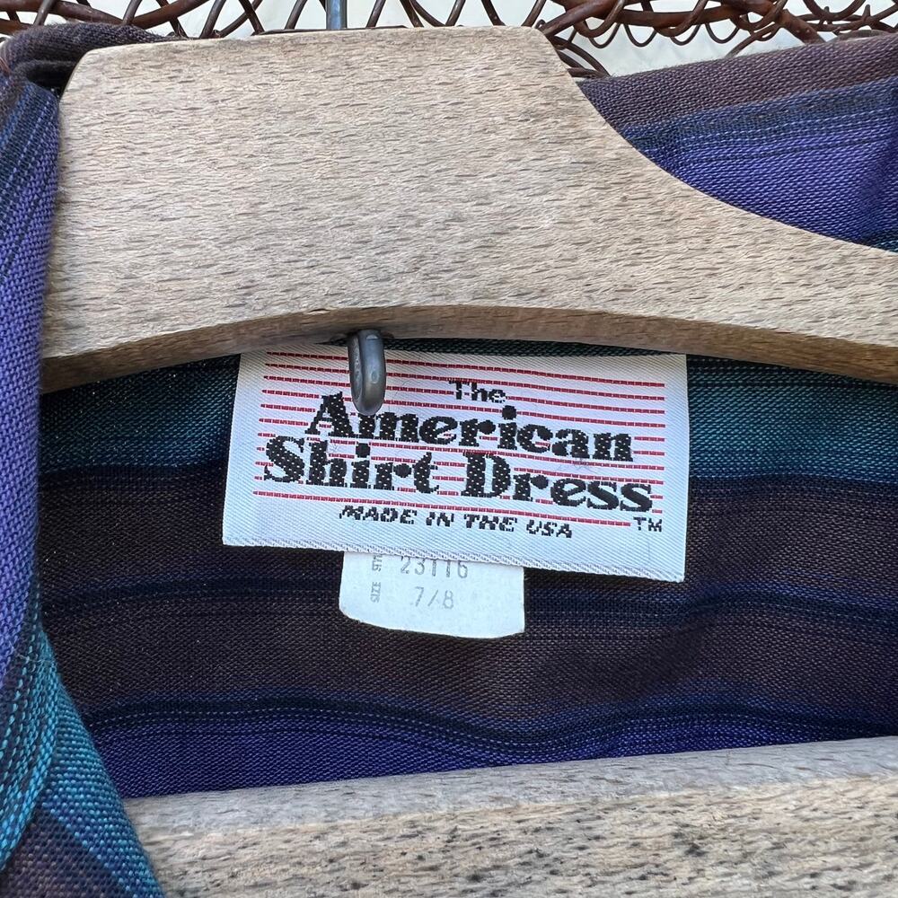 Vintage 80s American Shirt Dress striped V chevron blue gray - Picture 3 of 6